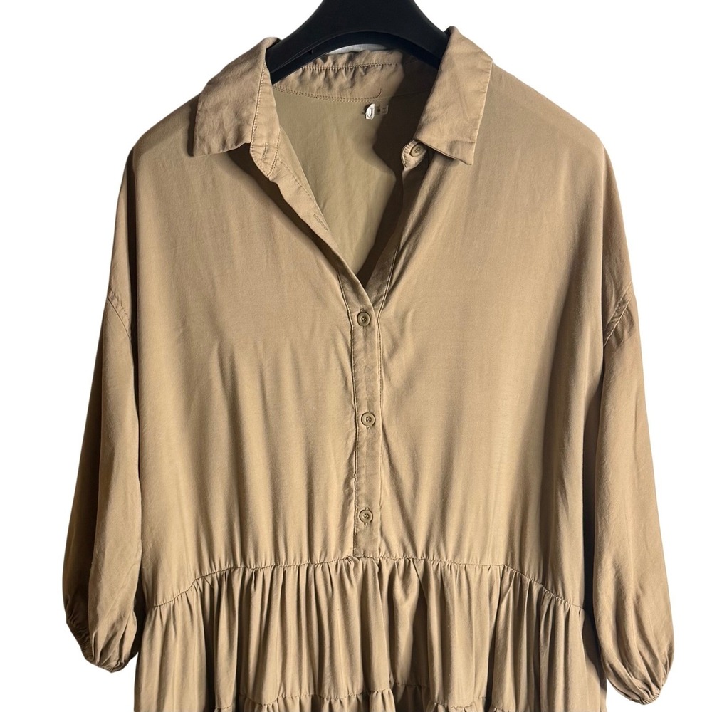 Boho Tiered Babydoll Shirt Dress Tan Khaki Size M Urban Outfitters Style - Picture 4 of 10